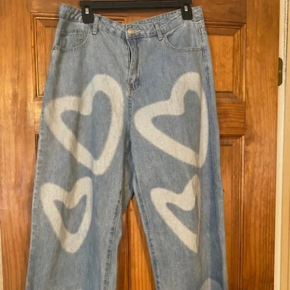 Shein Heart print Jeans size large wide leg - Picture 3 of 13